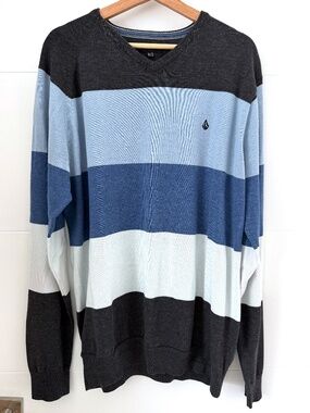 Volcom Corpo Class Striped V-Neck Knit Sweater Charcoal Blue Stone Mens XL